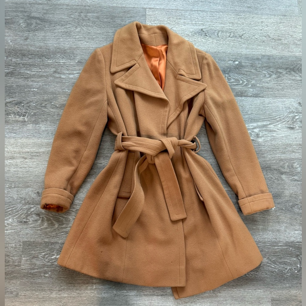 Vintage Camel Tan Belted Wrap Coat 100% Cashmere Union Label M/L 60s Flaws